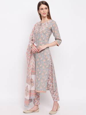 Women'S Floral Print & Hand Work Straight Cotton Grey Kurta,Pant & Dupatta 3