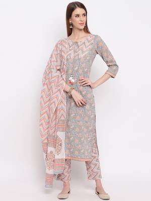 Women'S Floral Print & Hand Work Straight Cotton Grey Kurta,Pant & Dupatta 9