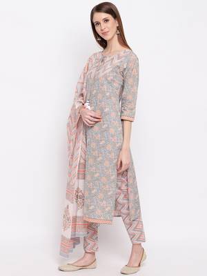Women'S Floral Print & Hand Work Straight Cotton Grey Kurta,Pant & Dupatta 10