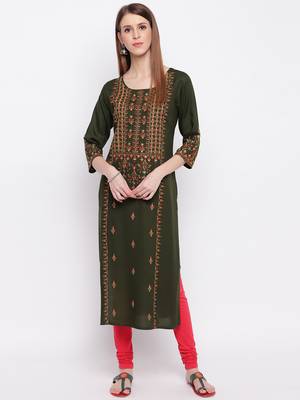 Women'S Embroidered Straight Cotton Bland Green Kurti 1