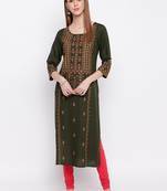 Women'S Embroidered Straight Cotton Bland Green Kurti