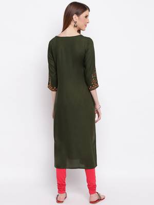 Women'S Embroidered Straight Cotton Bland Green Kurti 2