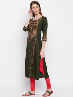 Women'S Embroidered Straight Cotton Bland Green Kurti 3