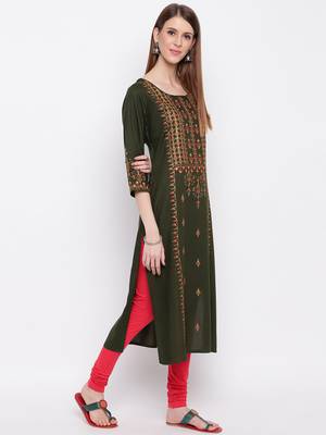 Women'S Embroidered Straight Cotton Bland Green Kurti 4