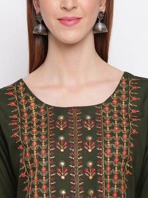 Women'S Embroidered Straight Cotton Bland Green Kurti 5
