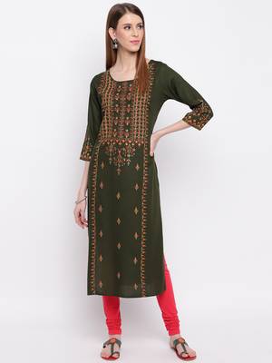 Women'S Embroidered Straight Cotton Bland Green Kurti 6