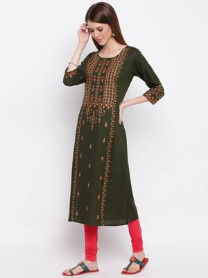 Women'S Embroidered Straight Cotton Bland Green Kurti 7