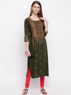 Women'S Embroidered Straight Cotton Bland Green Kurti 8