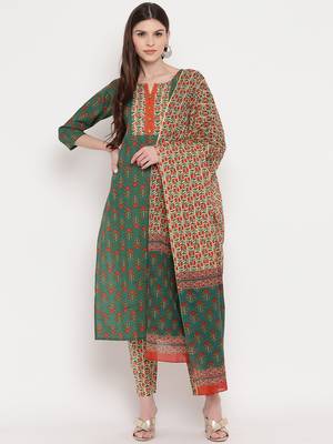 Women'S Floral Print / Sequience Straight Cotton Green Kurta,Palazzo& Dupatta 1