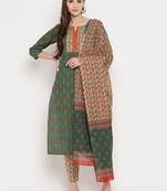 Women'S Floral Print / Sequience Straight Cotton Green Kurta,Palazzo& Dupatta