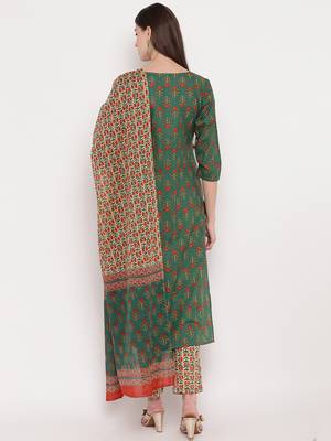 Women'S Floral Print / Sequience Straight Cotton Green Kurta,Palazzo& Dupatta 2