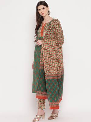 Women'S Floral Print / Sequience Straight Cotton Green Kurta,Palazzo& Dupatta 3