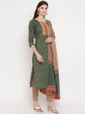 Women'S Floral Print / Sequience Straight Cotton Green Kurta,Palazzo& Dupatta 4