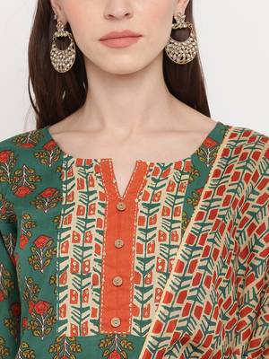 Women'S Floral Print / Sequience Straight Cotton Green Kurta,Palazzo& Dupatta 5