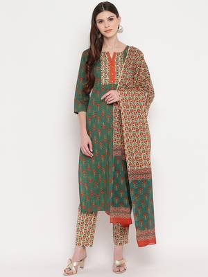 Women'S Floral Print / Sequience Straight Cotton Green Kurta,Palazzo& Dupatta 9