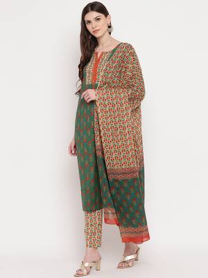 Women'S Floral Print / Sequience Straight Cotton Green Kurta,Palazzo& Dupatta 10