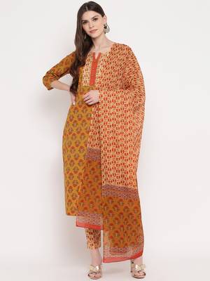 Women'S Floral Print / Sequience Straight Cotton Mustard Yellow Kurta,Palazzo& Dupatta 1