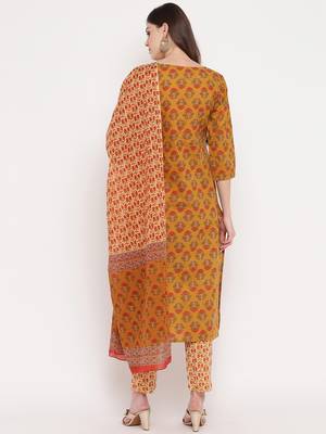 Women'S Floral Print / Sequience Straight Cotton Mustard Yellow Kurta,Palazzo& Dupatta 2