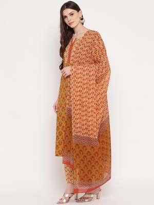 Women'S Floral Print / Sequience Straight Cotton Mustard Yellow Kurta,Palazzo& Dupatta 3
