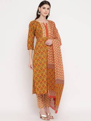 Women'S Floral Print / Sequience Straight Cotton Mustard Yellow Kurta,Palazzo& Dupatta 4