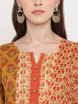 Women'S Floral Print / Sequience Straight Cotton Mustard Yellow Kurta,Palazzo& Dupatta 5