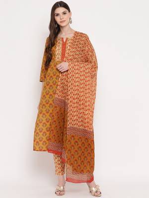 Women'S Floral Print / Sequience Straight Cotton Mustard Yellow Kurta,Palazzo& Dupatta 9