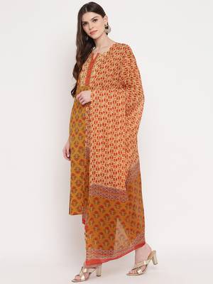 Women'S Floral Print / Sequience Straight Cotton Mustard Yellow Kurta,Palazzo& Dupatta 10