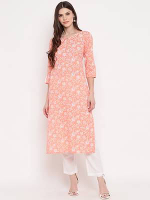 Women'S Foil Print Straight Cotton Light Orange Kurta With Pant Set 1