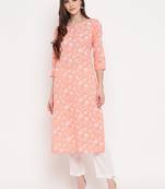 Women'S Foil Print Straight Cotton Light Orange Kurta With Pant Set