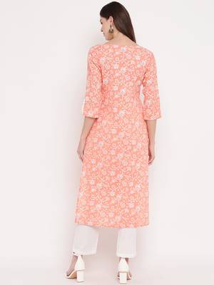 Women'S Foil Print Straight Cotton Light Orange Kurta With Pant Set 2