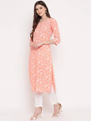 Women'S Foil Print Straight Cotton Light Orange Kurta With Pant Set 3