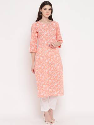 Women'S Foil Print Straight Cotton Light Orange Kurta With Pant Set 4