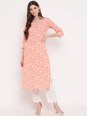 Women'S Foil Print Straight Cotton Light Orange Kurta With Pant Set 8