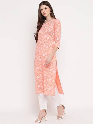 Women'S Foil Print Straight Cotton Light Orange Kurta With Pant Set 9