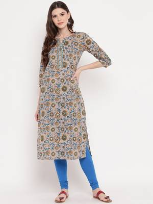 Women'S Floral Print Straight Cotton Lavender Kurti 1