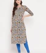 Women'S Floral Print Straight Cotton Lavender Kurti
