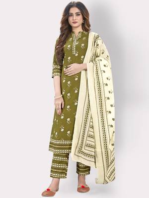 Women'S Floral Print & Embroidered Straight Cotton Grey Kurta,Pant & Dupatta 1