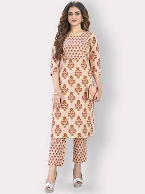 Women'S Printed & Sequience Straight Cotton Orange Kurta,Pant Set 1