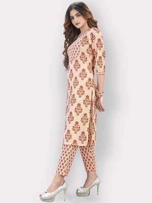 Women'S Printed & Sequience Straight Cotton Orange Kurta,Pant Set 3