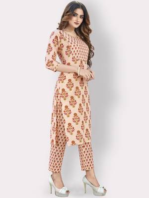 Women'S Printed & Sequience Straight Cotton Orange Kurta,Pant Set 4