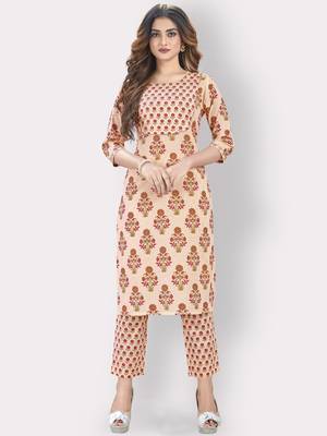 Women'S Printed & Sequience Straight Cotton Orange Kurta,Pant Set 7
