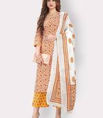 Women'S Floral Print Straight Cotton Orange Kurta,Palazzo& Dupatta