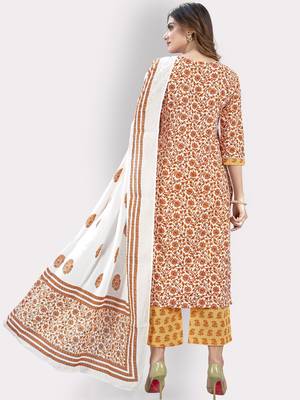 Women'S Floral Print Straight Cotton Orange Kurta,Palazzo& Dupatta 2
