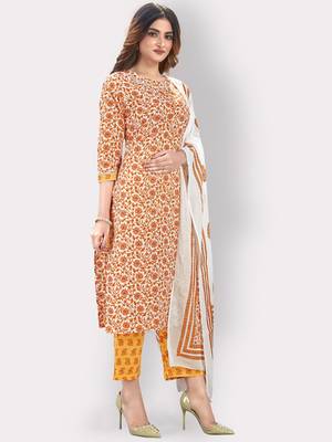 Women'S Floral Print Straight Cotton Orange Kurta,Palazzo& Dupatta 4