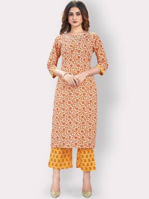 Women'S Floral Print Straight Cotton Orange Kurta,Palazzo& Dupatta 6