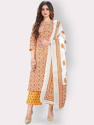 Women'S Floral Print Straight Cotton Orange Kurta,Palazzo& Dupatta 8
