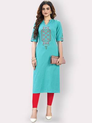 Women'S Embroidered/Hand Work Straight Cotton Sky Blue Kurti 1