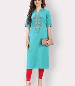 Women'S Embroidered/Hand Work Straight Cotton Sky Blue Kurti
