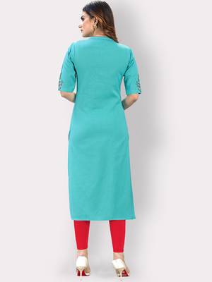 Women'S Embroidered/Hand Work Straight Cotton Sky Blue Kurti 2
