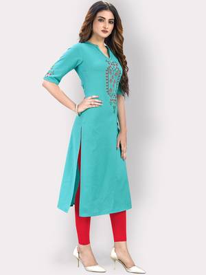 Women'S Embroidered/Hand Work Straight Cotton Sky Blue Kurti 3